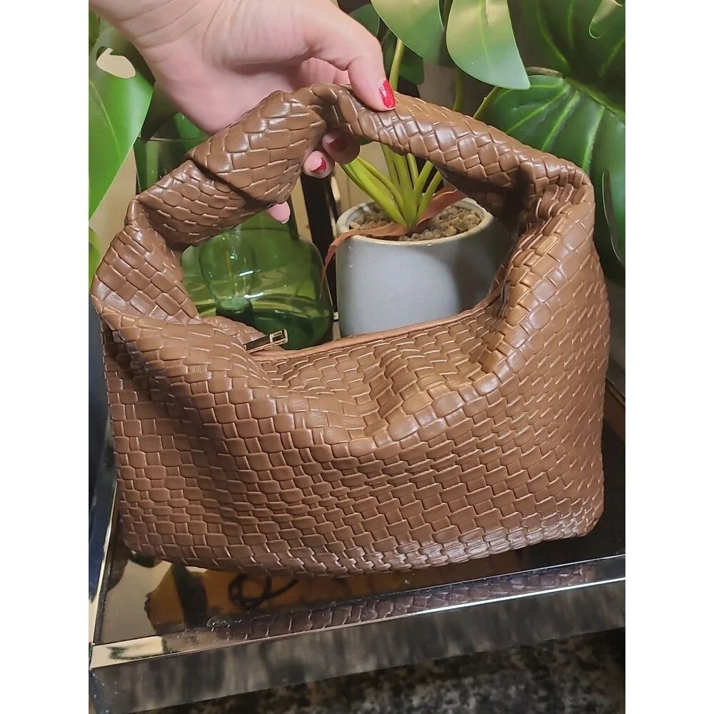 MOTF Premium Vegan Leather Textured Bagette HandBag - Brown Purse - Bow Detail
